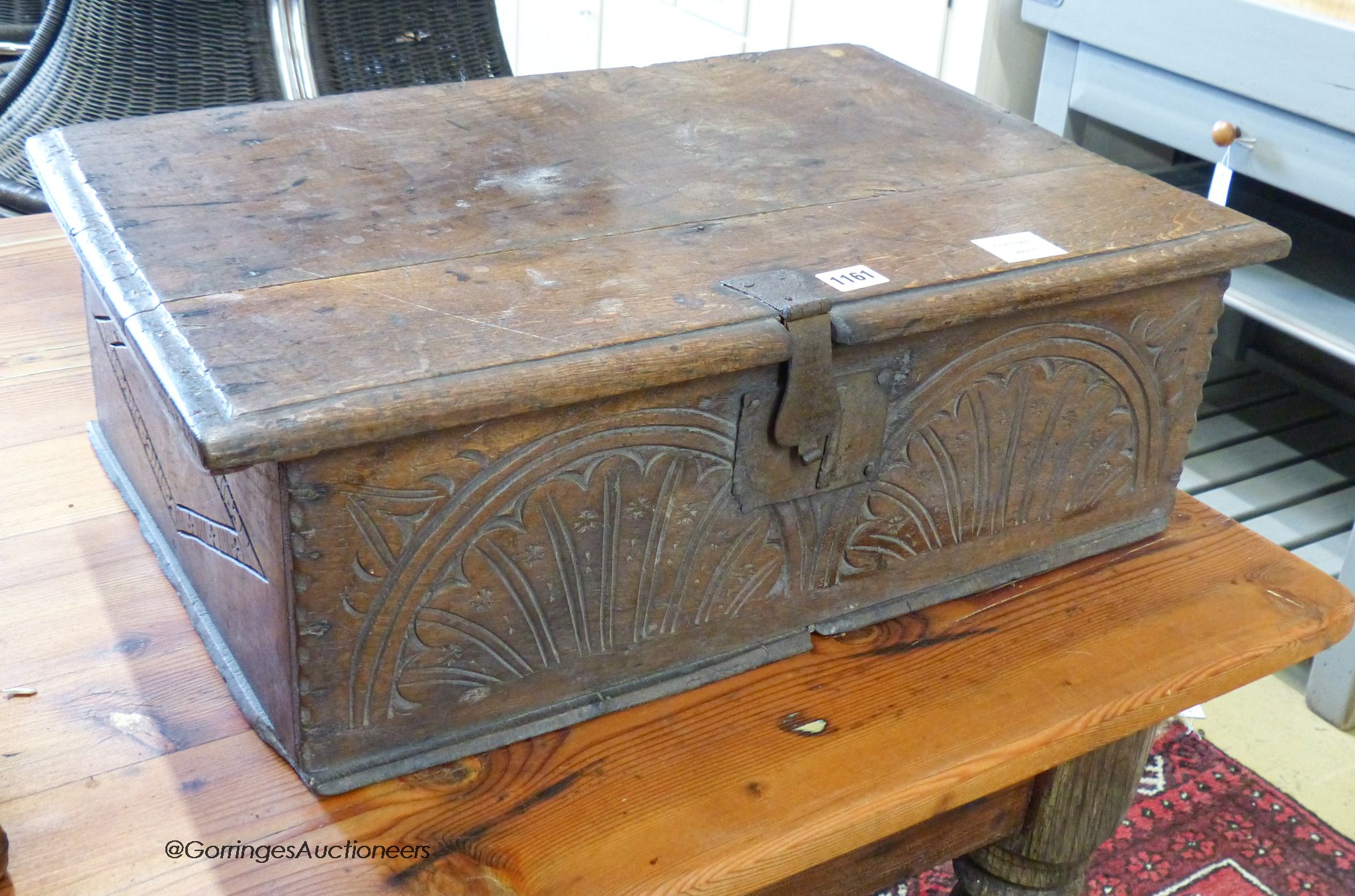 An 18th century carved oak bible box. W-62,D-40,H-20.